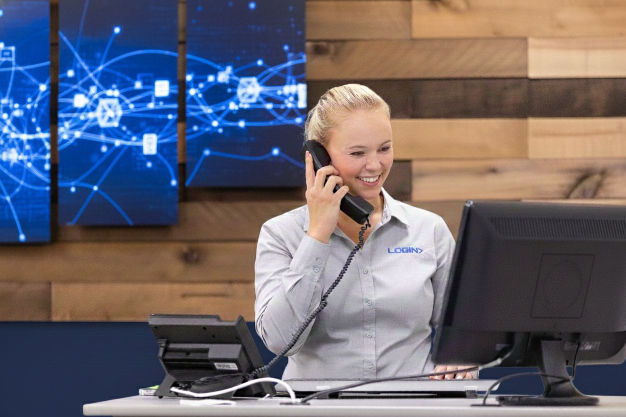 Login worker on a computer setting up colocation service for a business